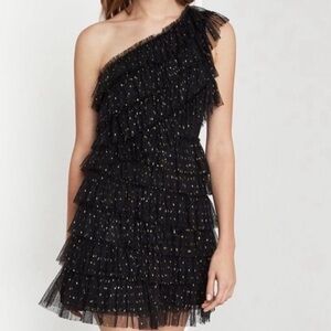 BCBGMaxAzria Black One Shoulder Tiered Ruffle dress black and gold accents